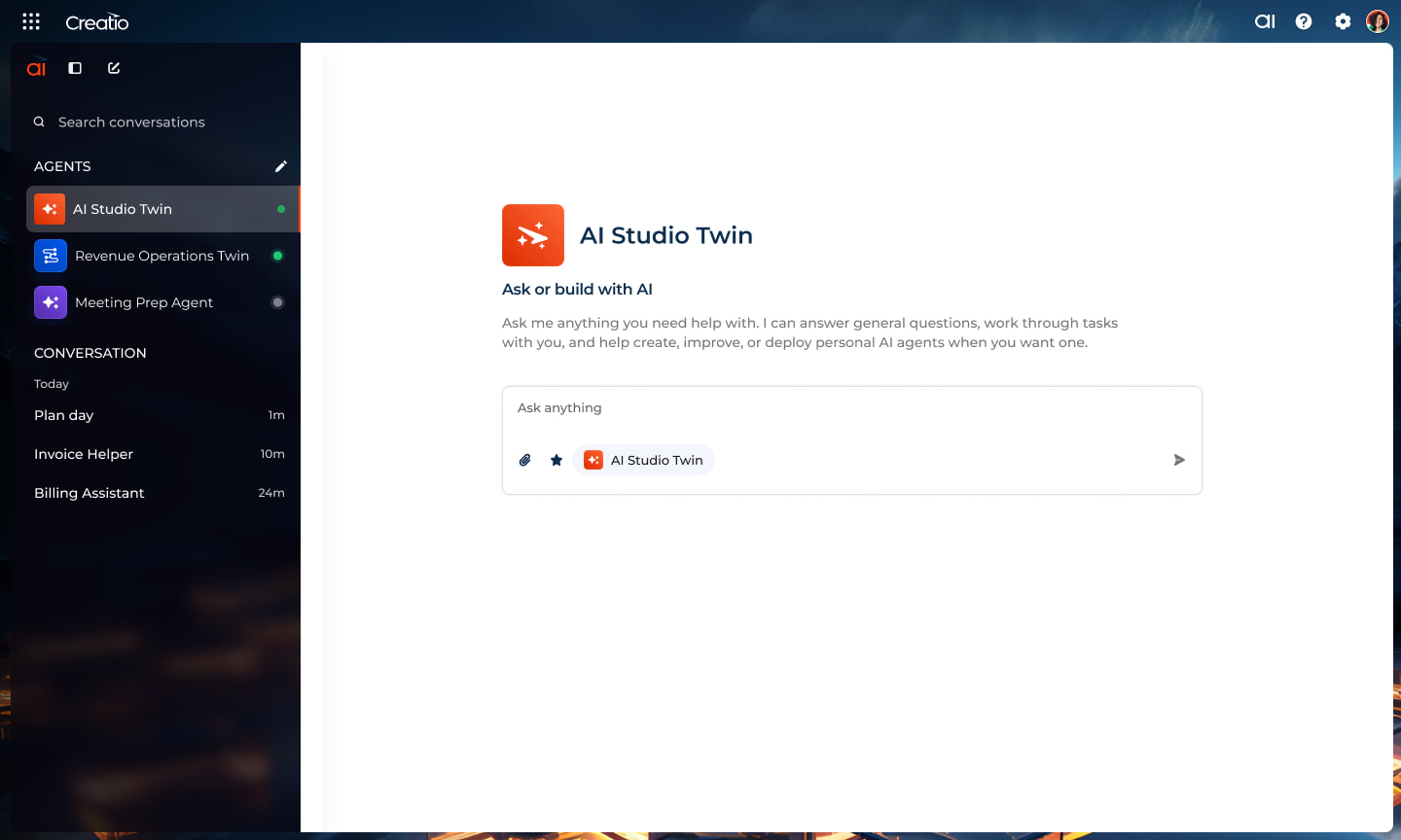 Interface Creatio AI Studio avec des agents IA et l'assistant AI Twin