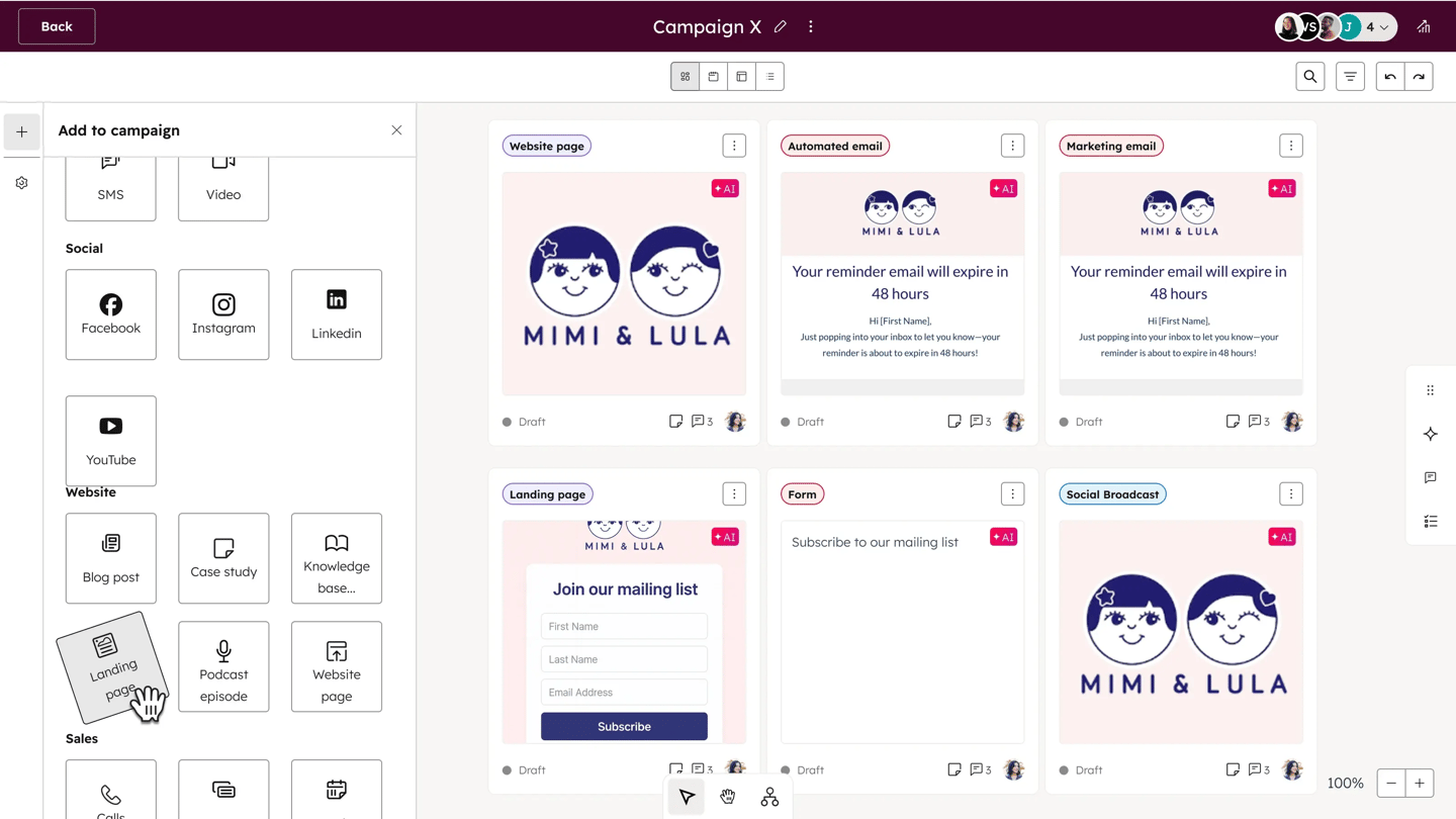 Interface de construction de campagne dans Marketing Hub HubSpot